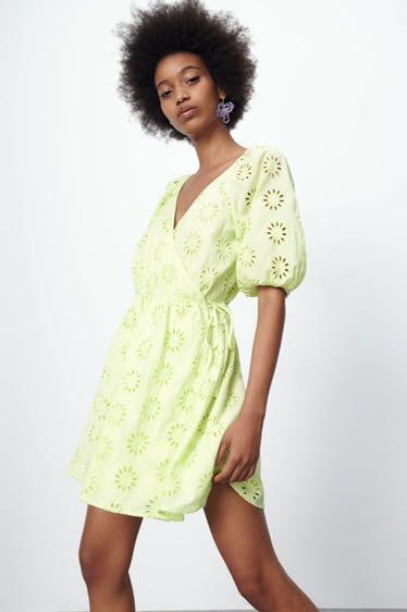 Zara Embroidered Wrap Dress Light Green, Women's Fashion, Dresses & Sets,  Dresses on Carousell
