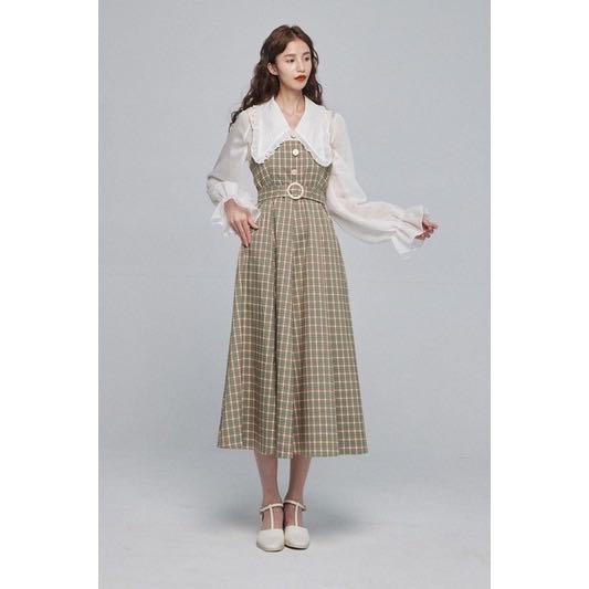 Spring Mid-calf Vintage Plaid Long Women Dress