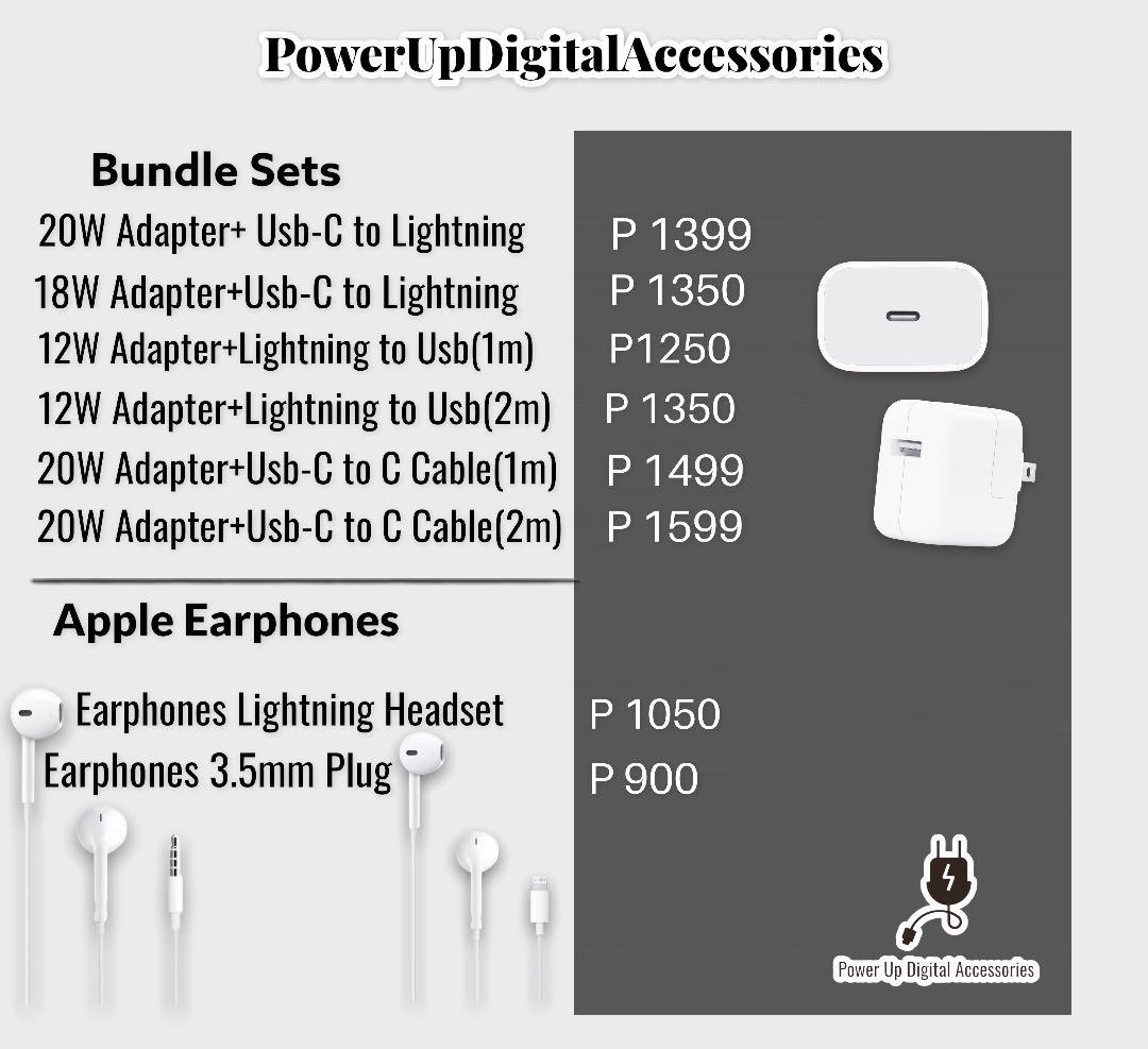 Apple Original💯20W Adapter Type C Charger USB C Cord Lightning iPhone (Category: Chargers & Cables) located in Quezon City. Submitted by camille96 (Listing ID 1176015683, Image 2). Description: Original Apple Guaranteed ☑️ PRICE LIST Adapter •20 watts adapter-999php •18 watts adapter- 950php •12 watts adapter- 850php Cable •Usb-C to Lightning(Type C Cable)- 850php •1m cable Lightning to Usb- 790php •2m cable Lightning to Usb- 850php •Usb-C to C 