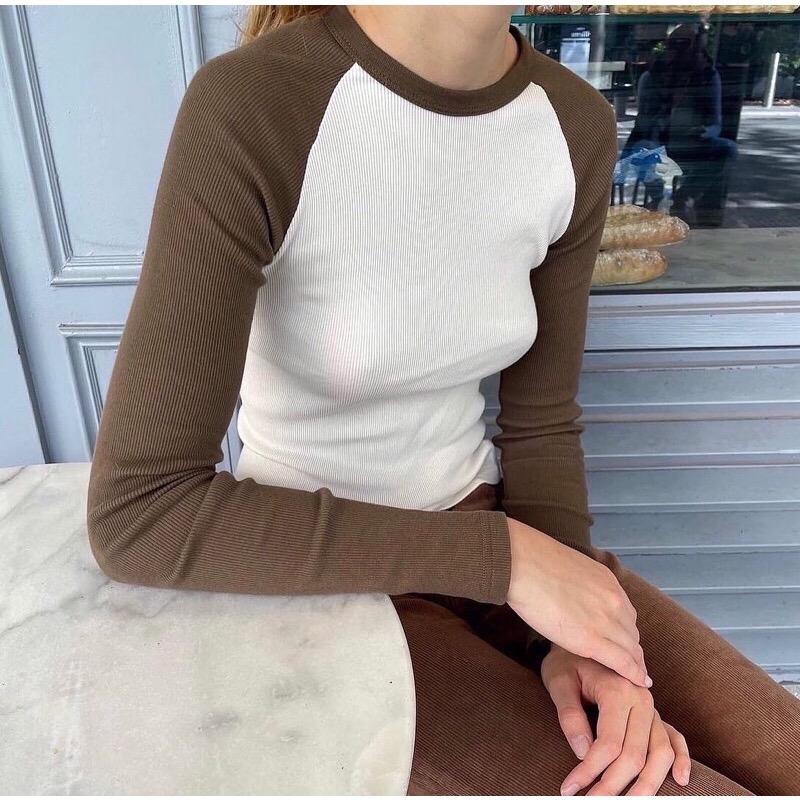 Brandy Melville Bella Long sleeve top CREAM AND BROWN, Women's Fashion,  Tops, Others Tops on Carousell