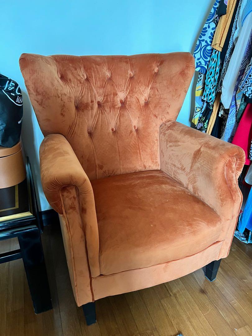 Chesterfield velvet soft Orange Chair, Furniture & Home Living