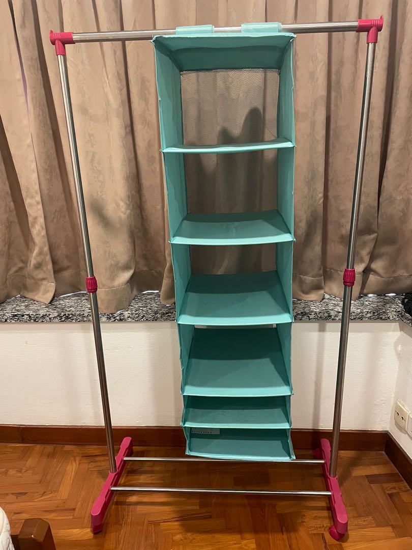 Adjustable height clothes rack with IKEA organiser, Furniture & Home