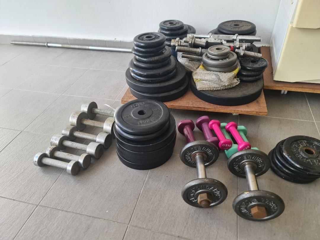 Complete set of weights both barbell and dumbell with aerobic lighter weights