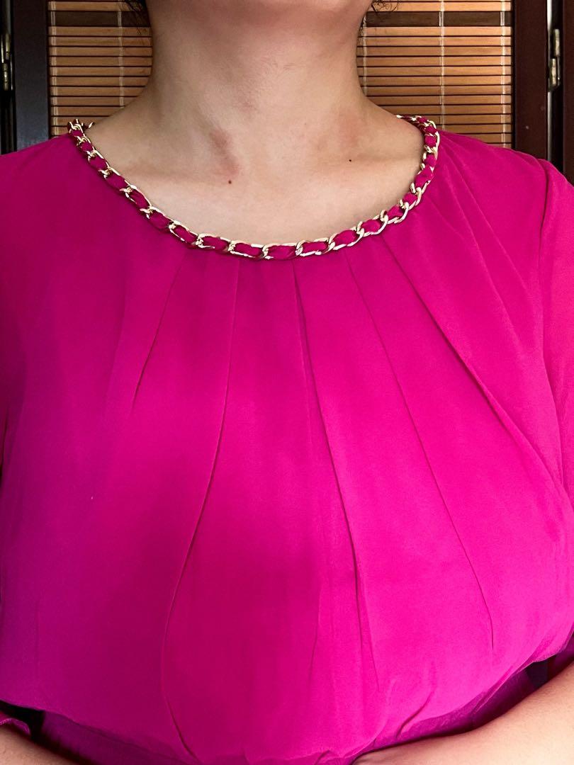 Fuschia Long Sleeved Chiffon Gown (Category: Evening dresses & gowns) located in Quezon City. Submitted by foundandfabled (Listing ID 1175898012, Image 3). Description: . ݁₊ ⊹ . ݁ Fuschia Gown ݁ . ⊹ ₊ ݁. ✾ This dress is good as new! I only wore it once for a school play. ✾ The brand of this dress is Nichii. ✾ It says Medium on tag but it can fit to large. ✾ The gold chain neckline is still intact and has no damage. ✾ The fabric of this dress is c