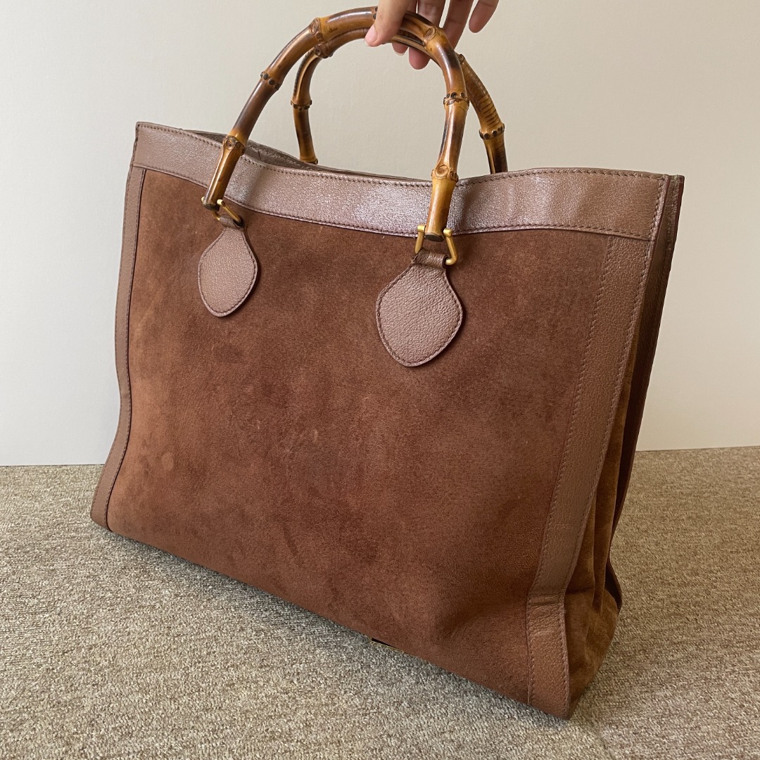 1990s Vintage GUCCI Brown Suede Leather Bamboo Tote Diana Tote Bag (Large)