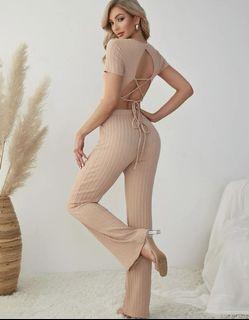 Lace up backless crop top and pants set