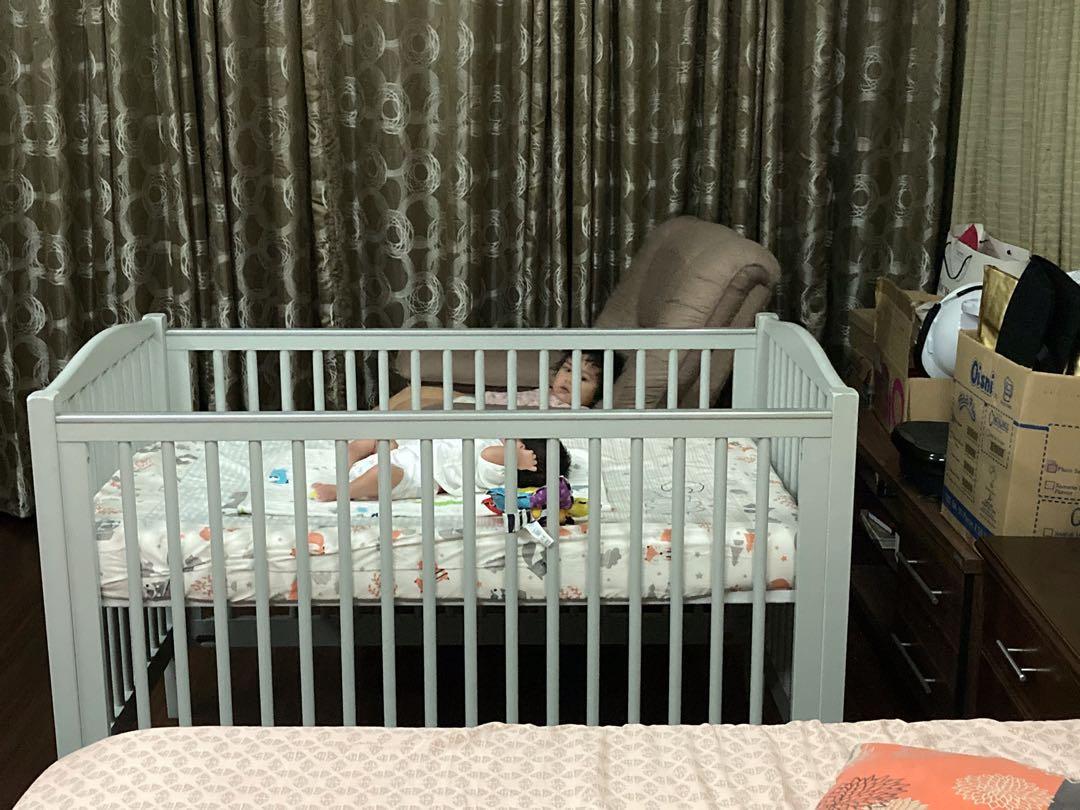 Pottery Barn gray wooden crib and mattress