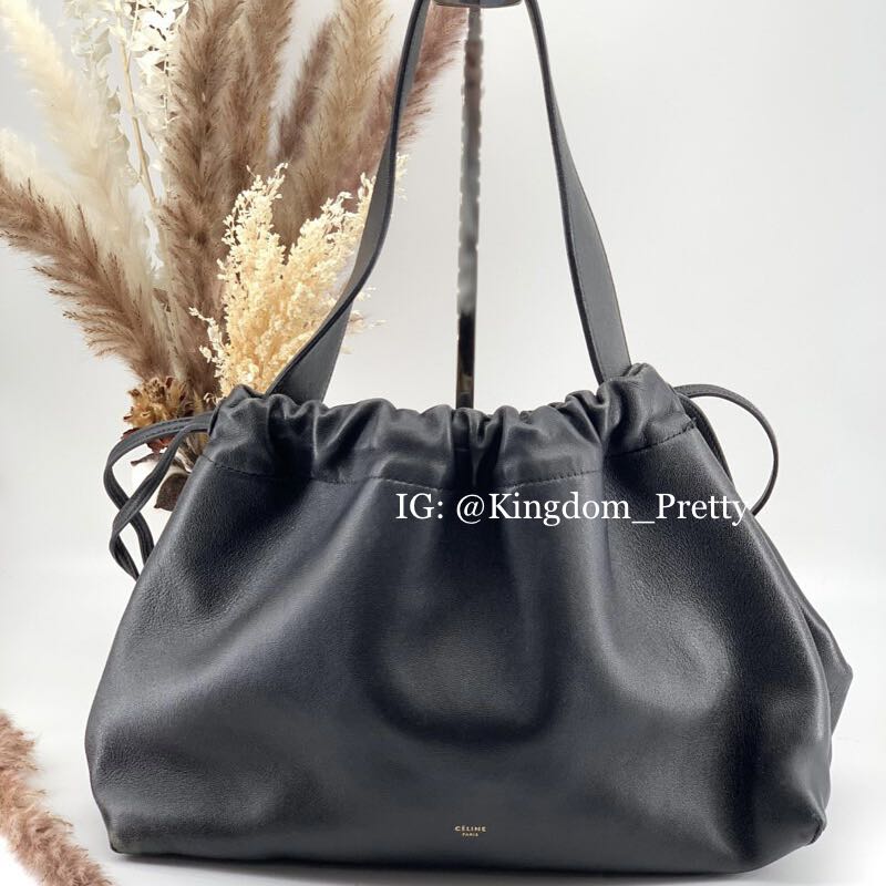 Preorder Celine Drawstring Cloud Shoulder Bag in Black Leather, Luxury