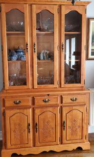 Rare Solid Rock Maple China Cabinet with Glass doors and Hand Carved Oriental design