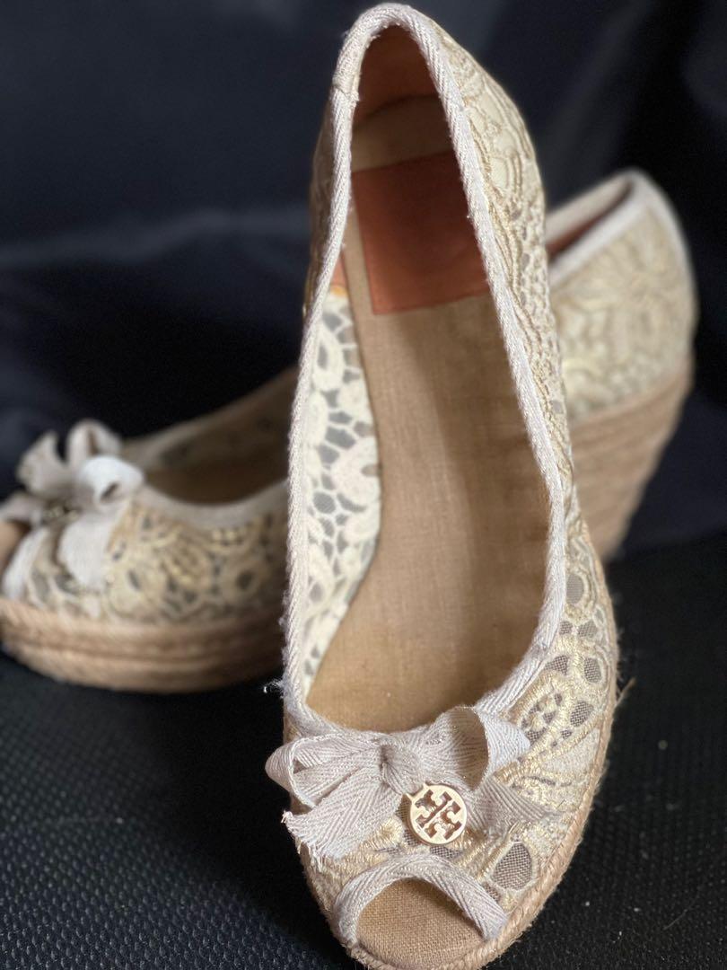 Tory Burch Beige Jackie Embroidered Lace Wedge Espadrille Women s