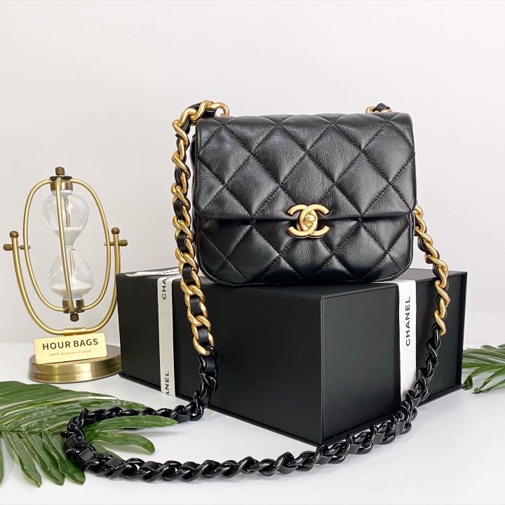 💯% Authentic Chanel Black Lambskin Mini Square Black Lacquered Chain +  Gold Hardware, Luxury, Bags & Wallets on Carousell