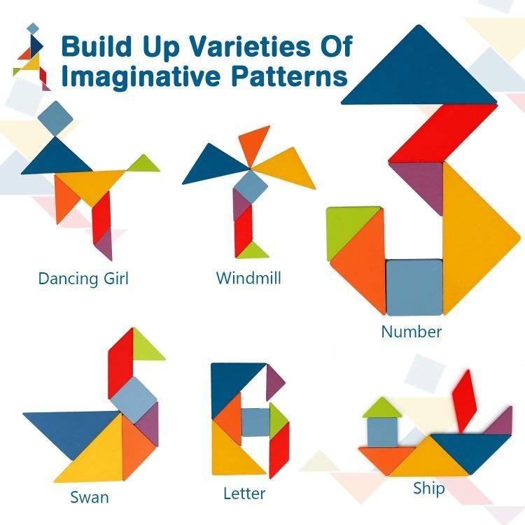 A26 Vanmor Wooden Tangram Pattern Blocks Set- Travel Tangram Puzzles for  Kids Ages 4-8-12
