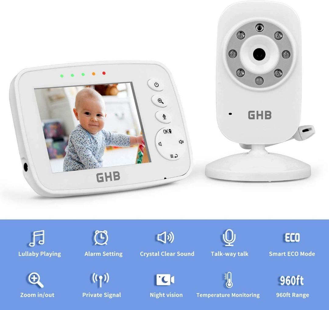 GHB Baby Monitor with Camera and Audio Pan-Tilt-Zoom Baby Camera Monitor  3.5″ Night Vision, Two-Way Audio, Lullaby Player with Wall Mount – GHB