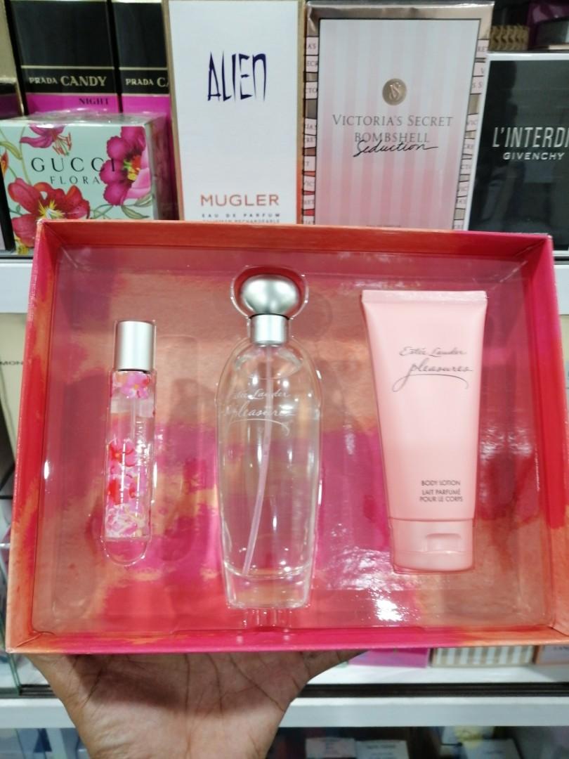 New Estee Lauder Pleasures Gift Set Silver Bag, Perfume Spray, Lotion, Bath  Gel | eBay