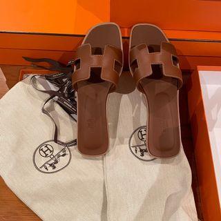 Hermes ORAN 拖鞋 38全新 焦糖色 鞋子 購證都有