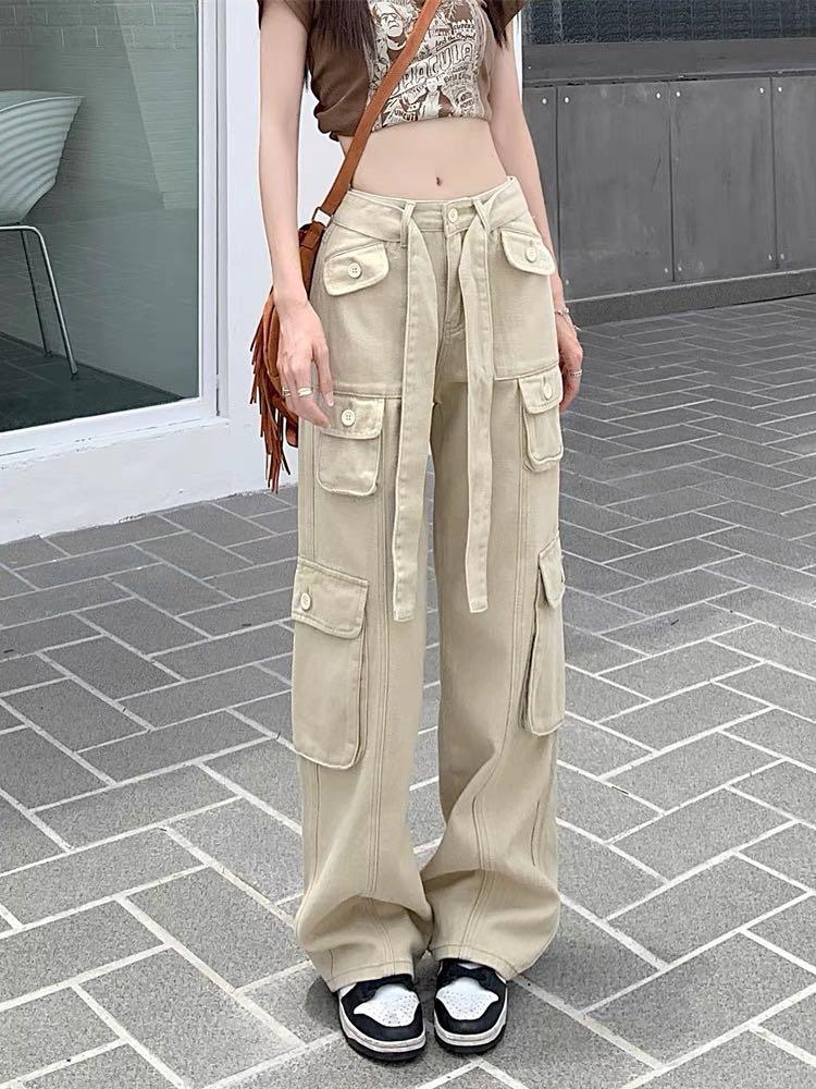 Rapcopter Ruched Big Pockets Cargo Jeans Retro Sporty Low Waisted Trousers  Light Brown Fashion Streetwear Denim