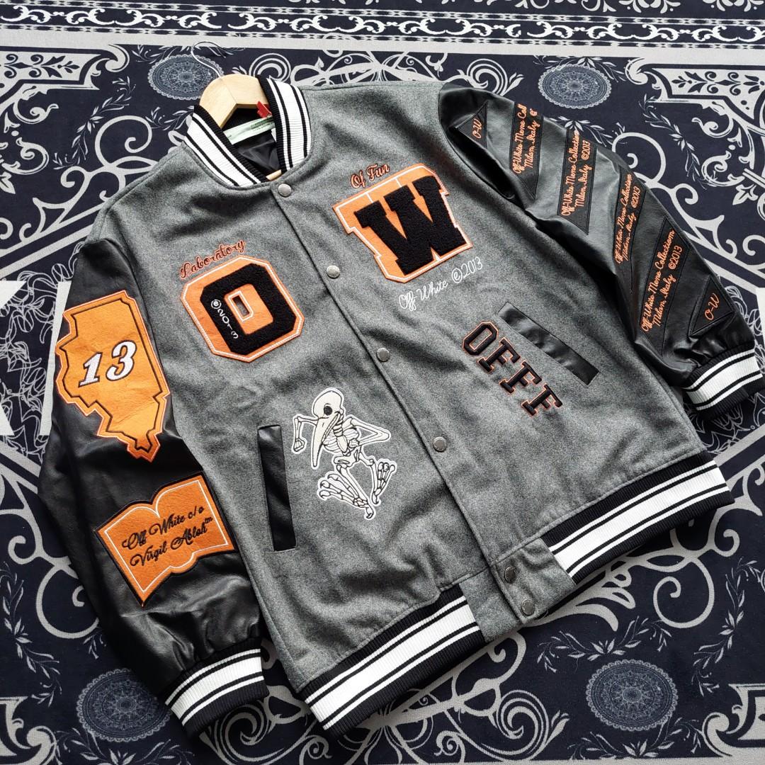 Off-White c/o Virgil Abloh - Off-White™ c/o AC Milan the capsule revolves  around a gray Varsity jacket with graphic patches, including the Off-White™  diagonal on the right sleeve and the AC Milan “
