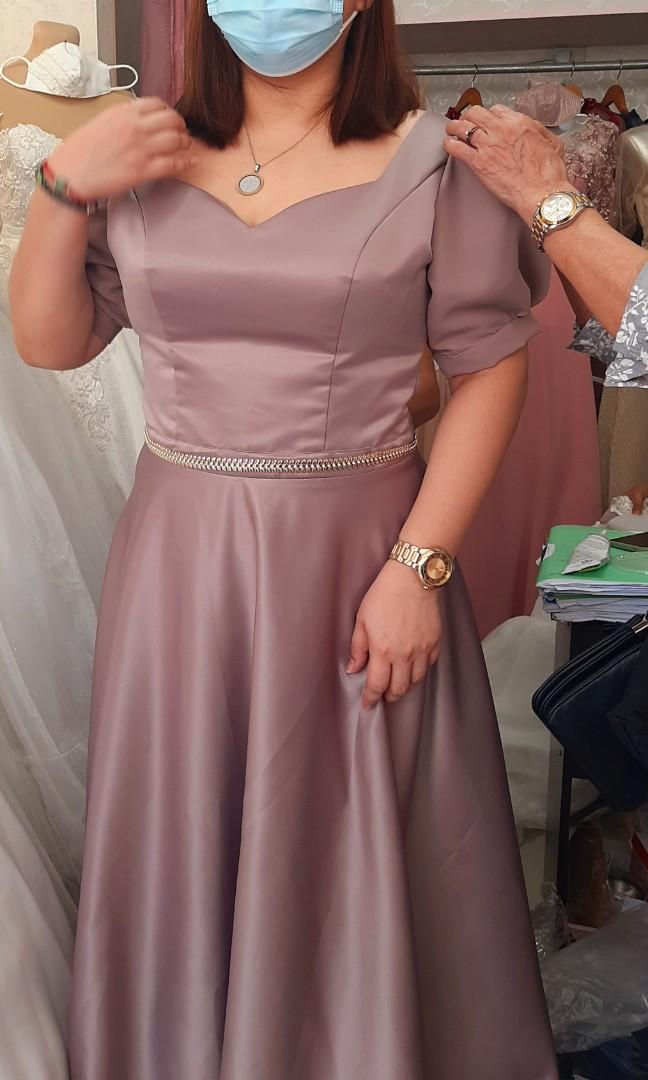 Plus Size Taupe Puff Sleeves Gown 