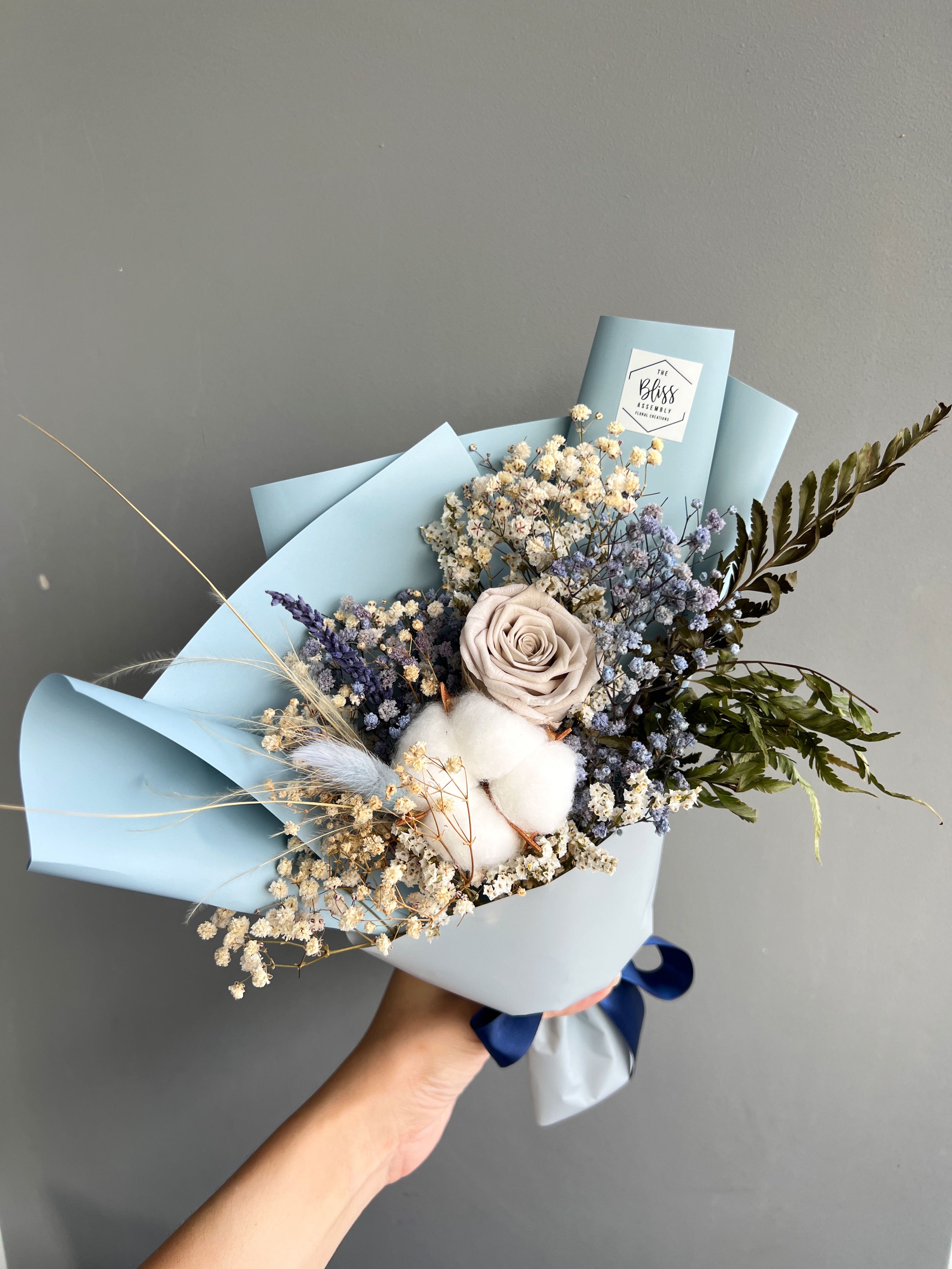 Preserved grey rose cotton flower blue baby breath bouquet jurong