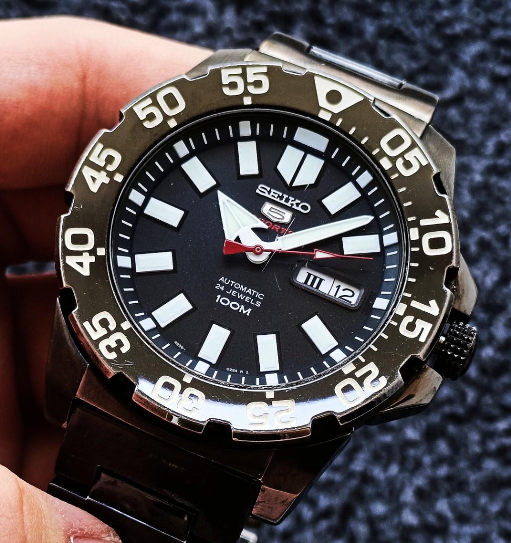 Rare Seiko 5 Baby Monster Blackout Automatic Sports Watch SRP489K1 Discontinued