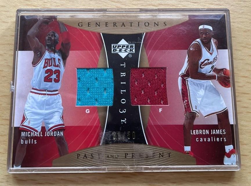 MICHAEL JORDAN LEBRON JAMES GAME USED JERSEY CARD #d21/50 2005 SP GOLD +2  GRADED