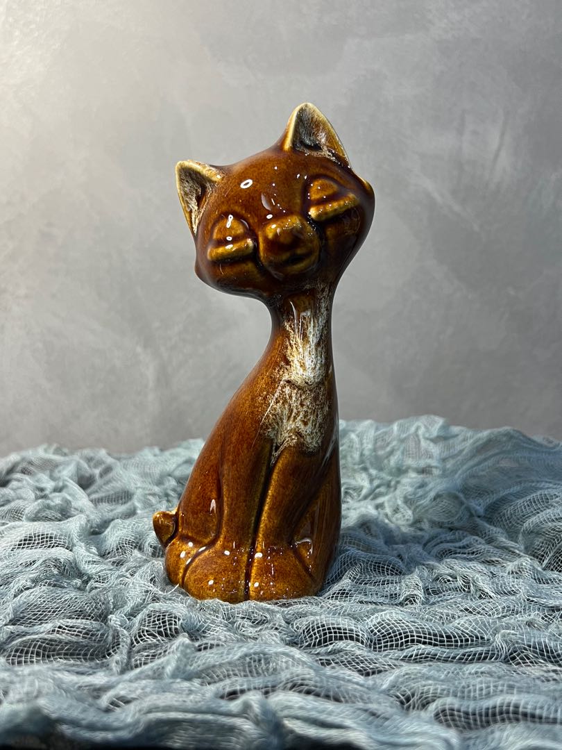 Vintage Mid Century Ceramic Cat, Long Neck Brown Cat Figurine, Hobbies