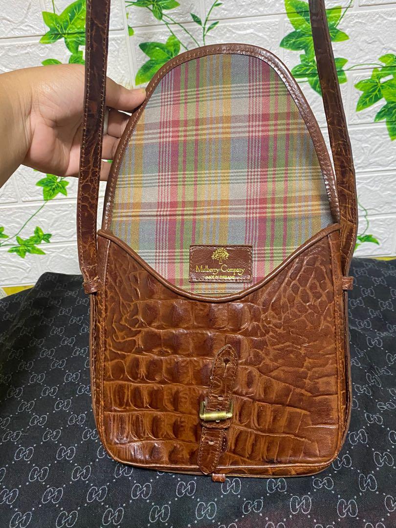 Vintage Mulberry Congo Croc Brown Leather Crossbody Saddlebag Tartan Lining