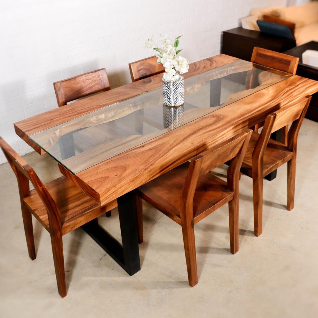 Wooden dining table with glass in the middle sale