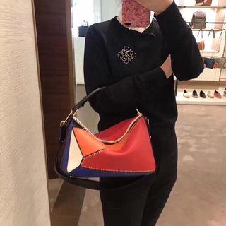 Loewe puzzle color-contrast shopper handbag large shopping tote in calfskin leather