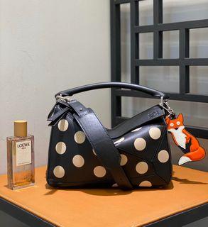 Loewe puzzle dotted shopper handbag large shopping tote with rainbow woven strap
