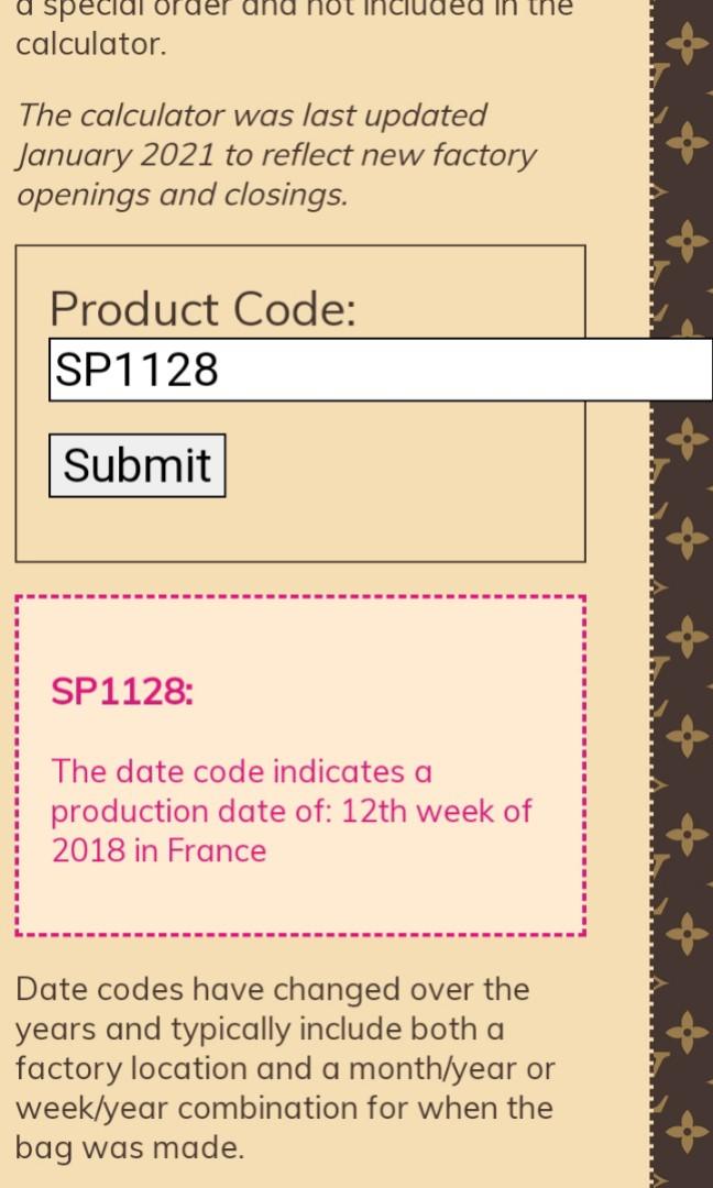 LV BAG DATE CODE SP1128