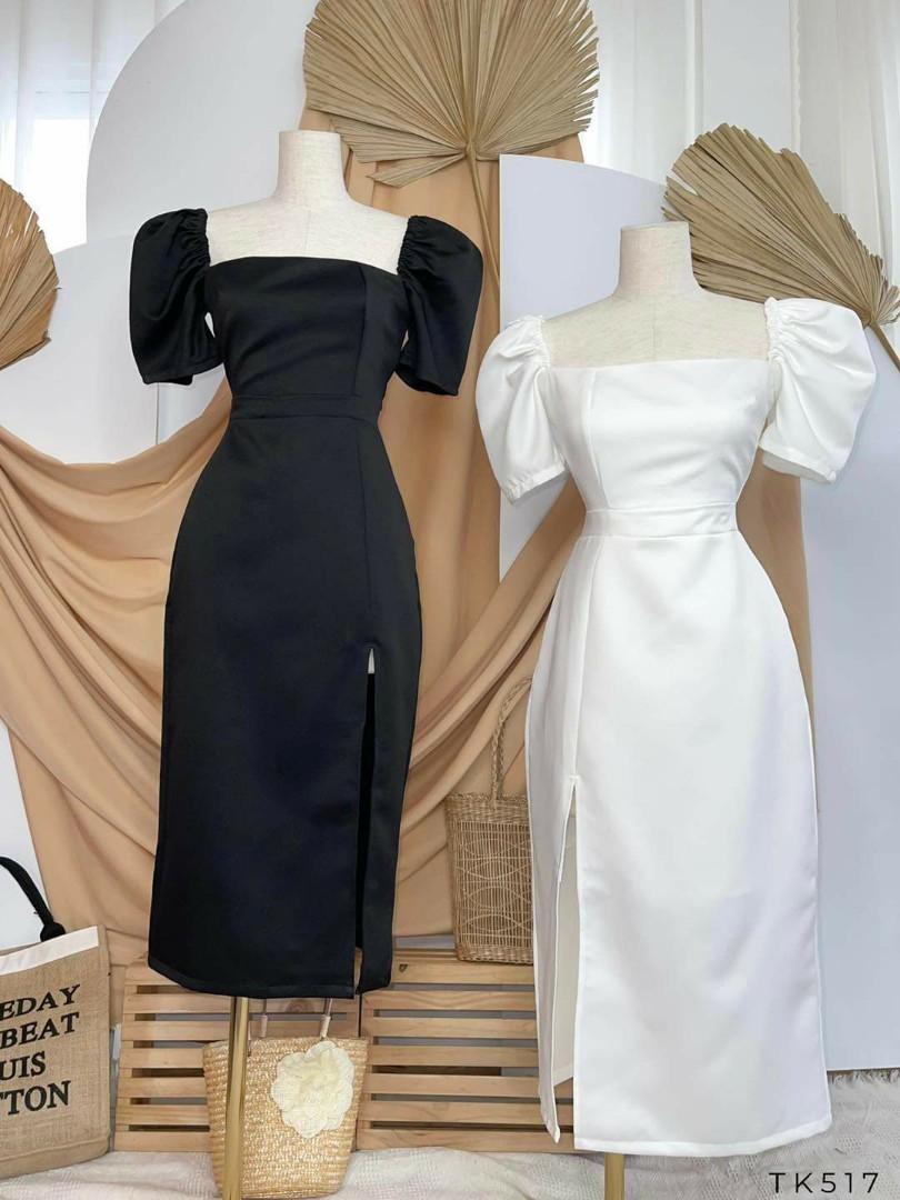 Modern Filipiniana Dress Puff Sleeve Square Neck with Side Split, Women ...