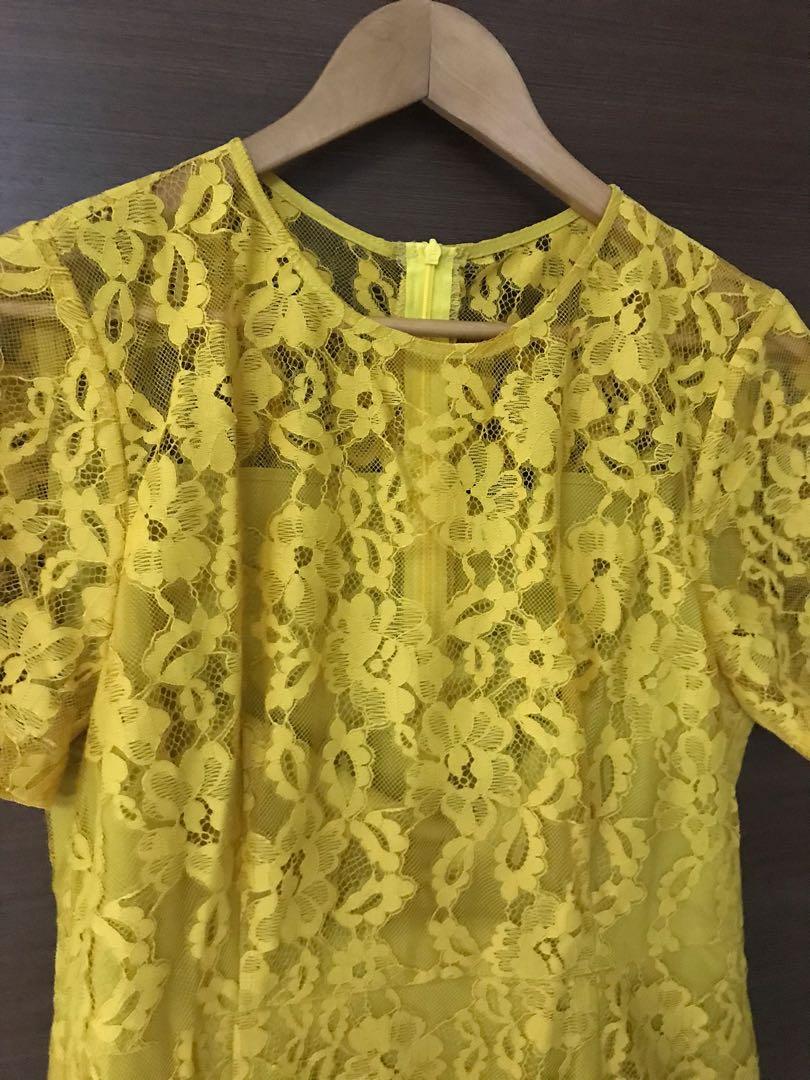 Mustard Yellow Long Lace Dress, Women's Fashion, Dresses & Sets ...