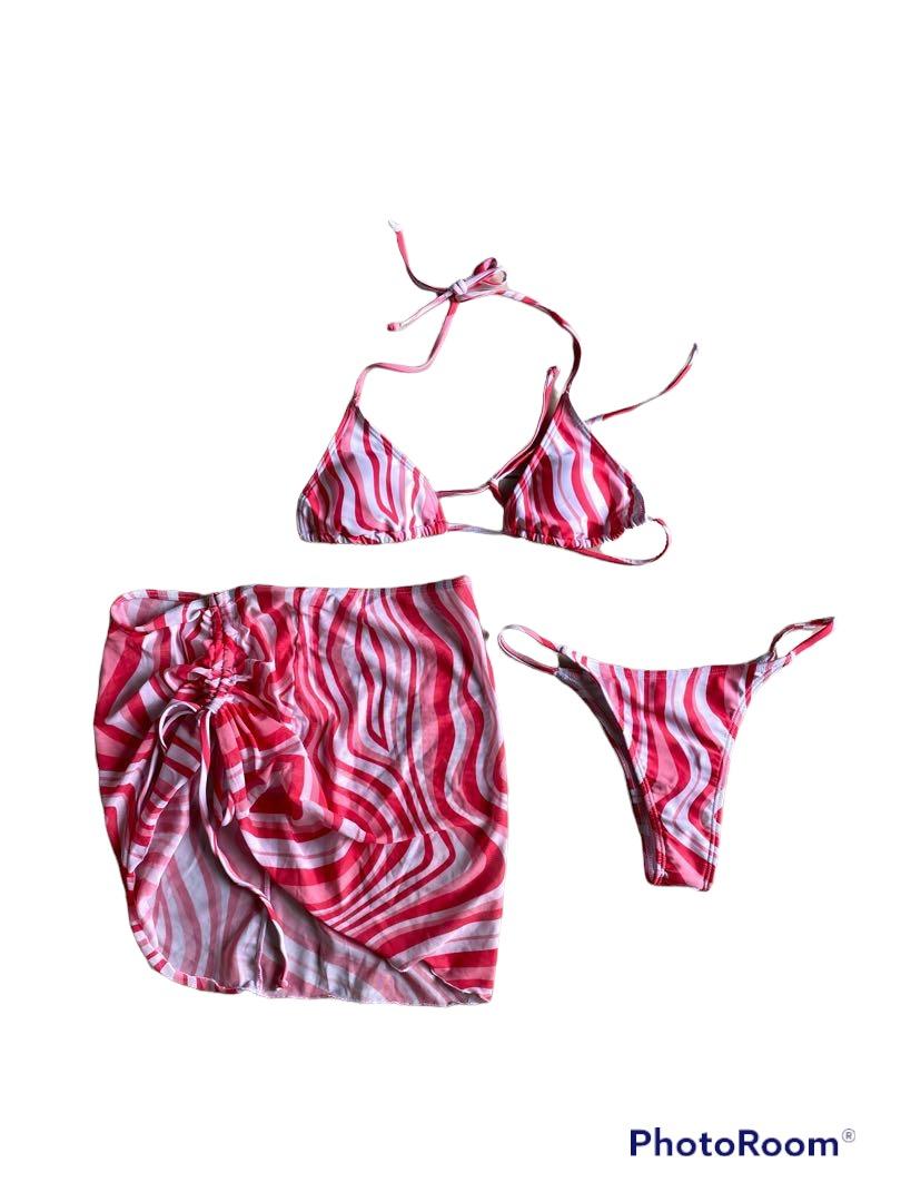 Pink Long SleevePrint Bikini Swimsuit & Beach Skirt