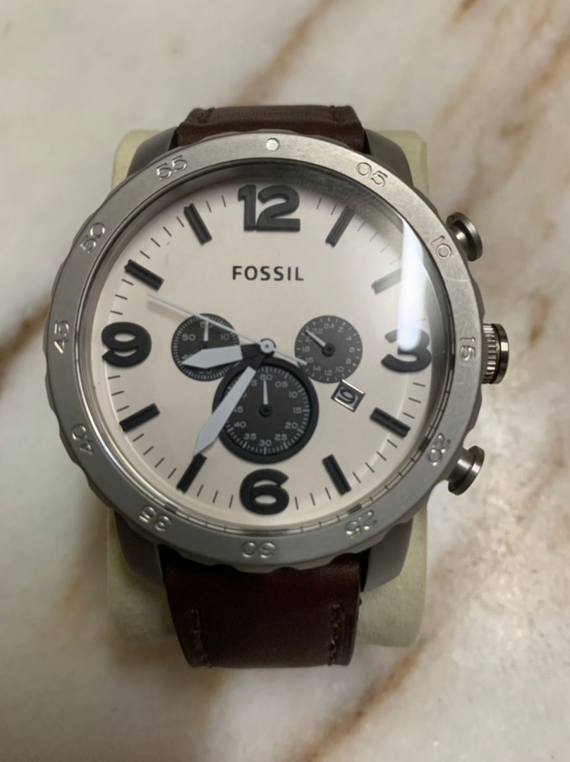Rare Fossil JR1390 Nate Chronograph Silver Dial Brown Leather Men s Watch