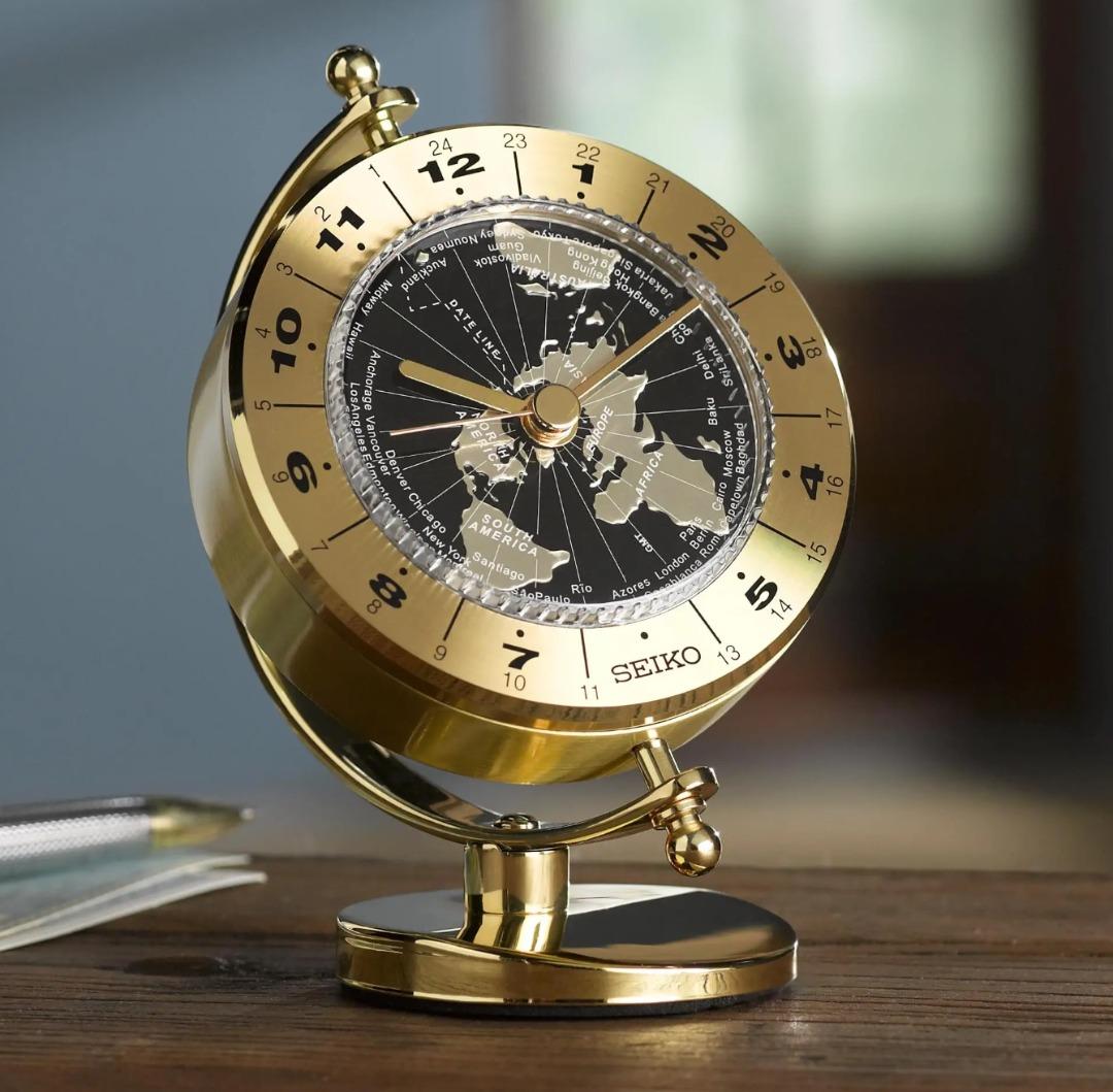 Seiko Clock QHG106G Quiet Sweep Black World Time Rotating Dial Gold Brass &  Aluminium Table/Desk & Anniversary Clock QHG106GN QHG106, Furniture & Home  Living, Home Decor, Clocks on Carousell