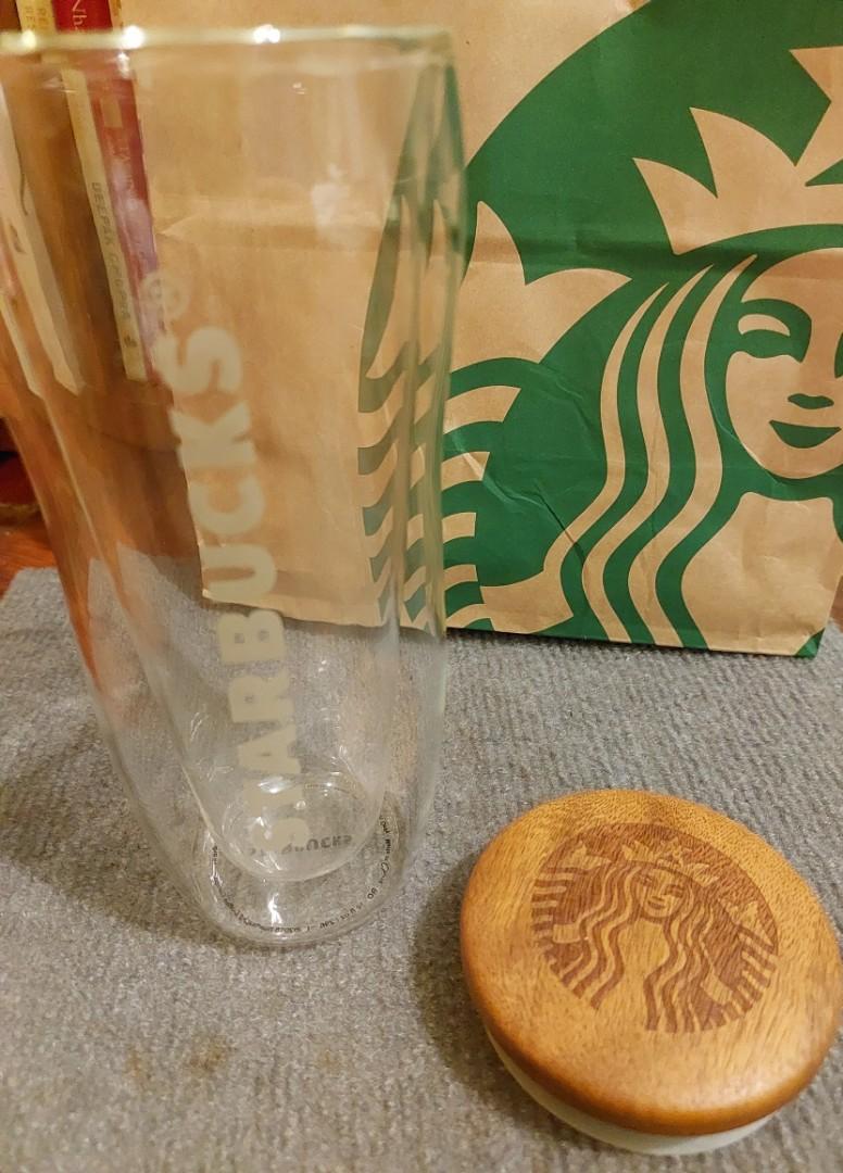 Starbucks double walled glass with wooden lid, Furniture & Home Living
