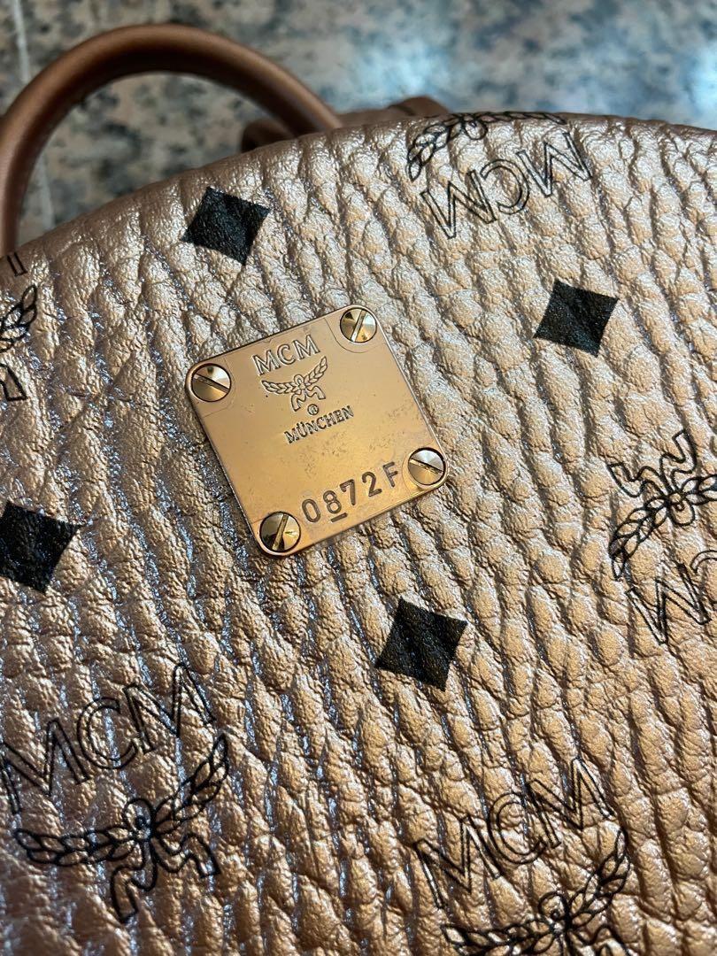MCM Medium Signature Visetos Coated Canvas Champagne Gold Shopper Tote  Handbag 