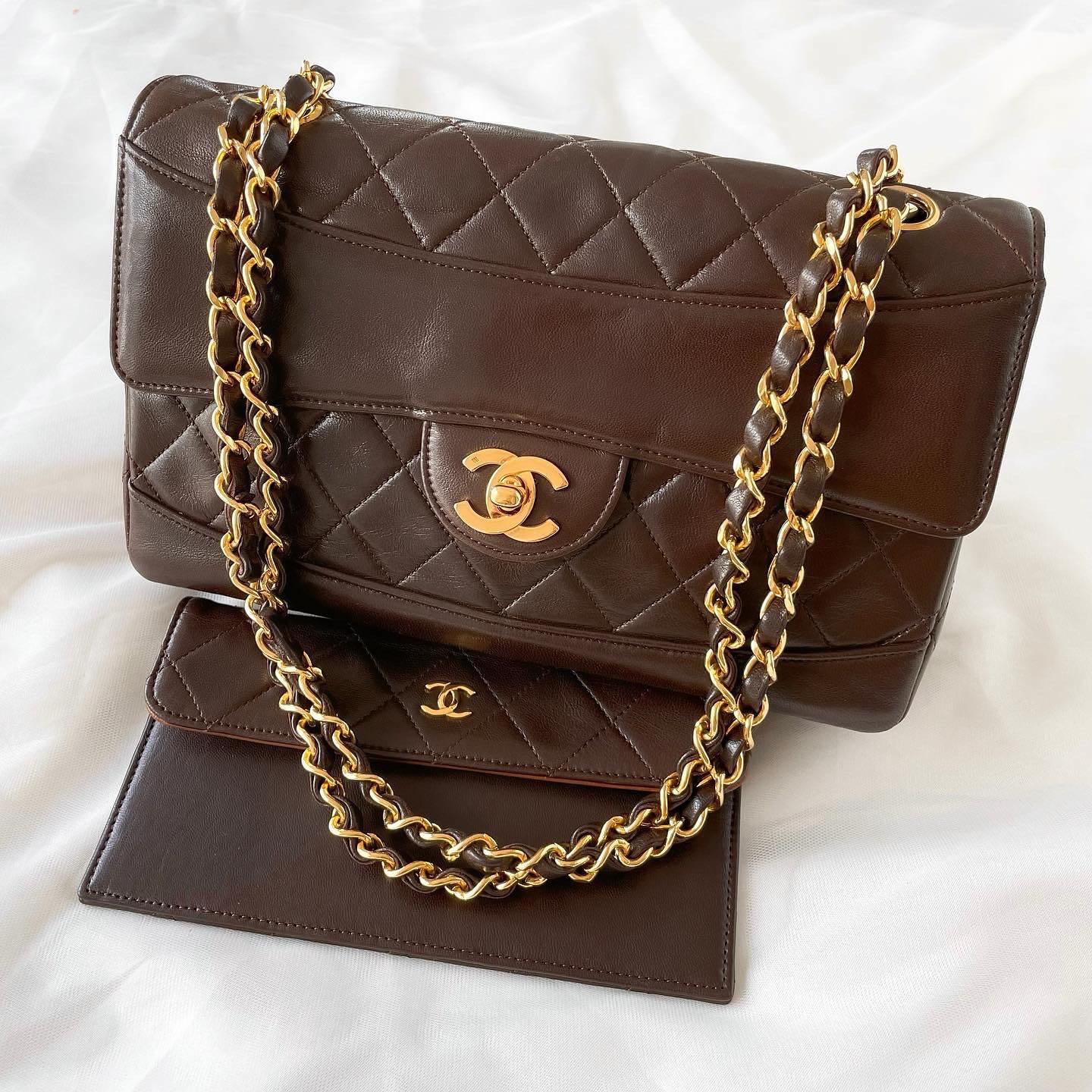 Chanel Vintage Brown Medium Flap in 24k Gold Hardware with Pouch, Luxury,  Bags & Wallets on Carousell