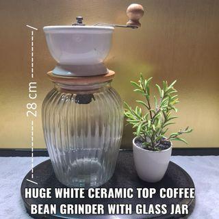 HUGE WHITE CERAMIC COFFEE BEAN GRINDER WITH GLASS JAR