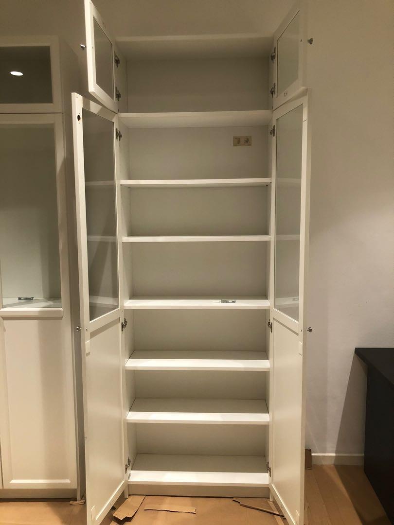 IKEA white billy oxberg bookcase glass panel doors height extension