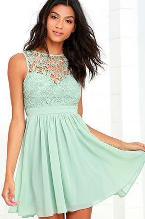 Lulus gown mint lace long dress bridesmaid Women s Fashion Dresses Sets Evening dresses gowns on Carousell