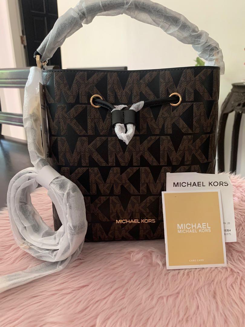 Michael Kors Suri Medium Black Leather Brown Handle Bucket Messenger Hand  Bag