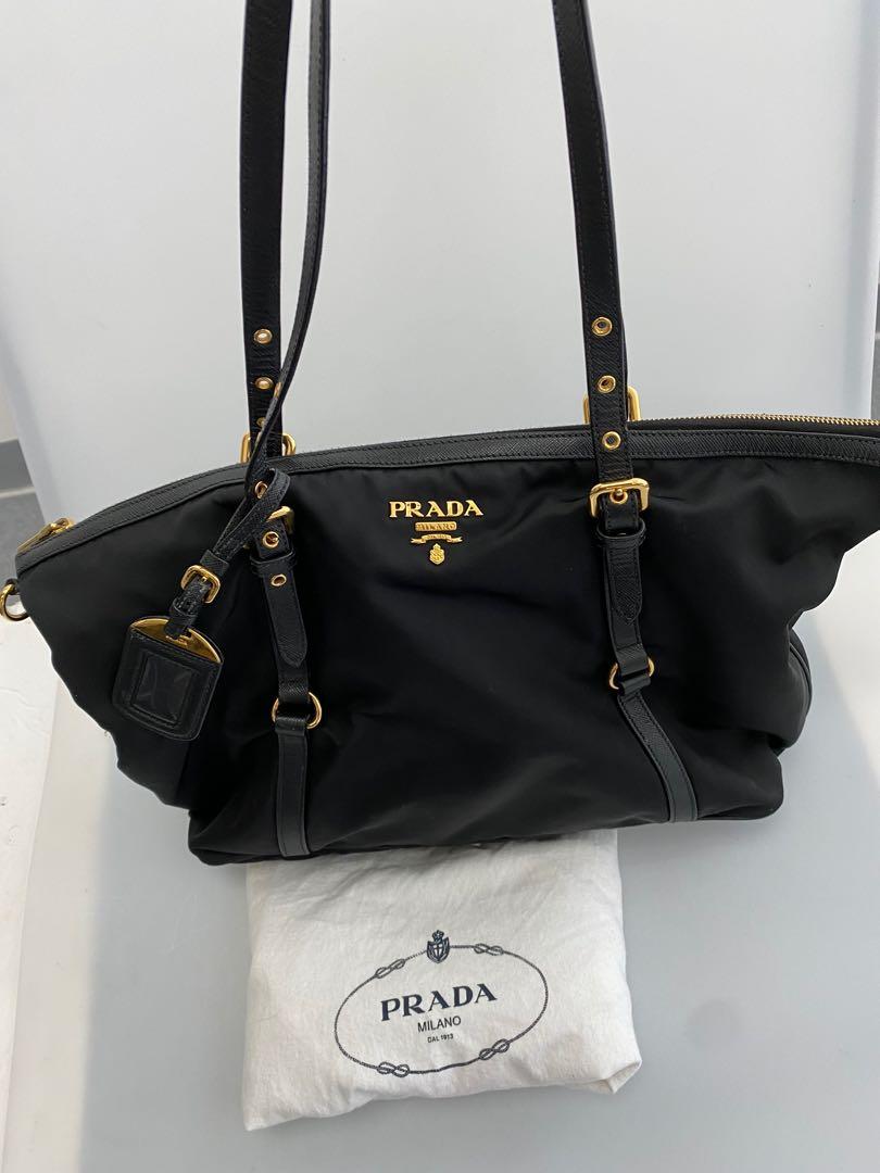 Prada Tessuto Nylon Saffiano Leather Black Top Zip Tote Bag 1BG253