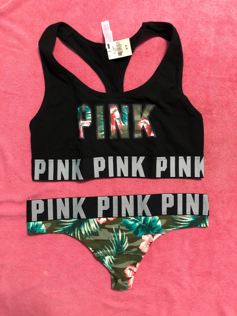 Victoria's Secret Pink Camo Set Small Bralette Thong Panties , Women's
