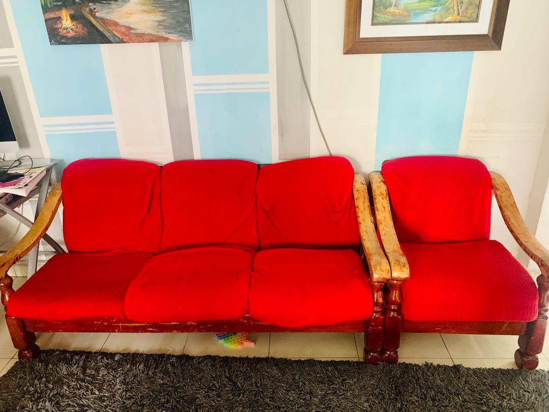 Wooden sofa with cushions, Furniture & Home Living, Furniture, Sofas on