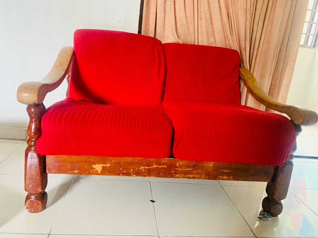 Wooden sofa with cushions, Furniture & Home Living, Furniture, Sofas on