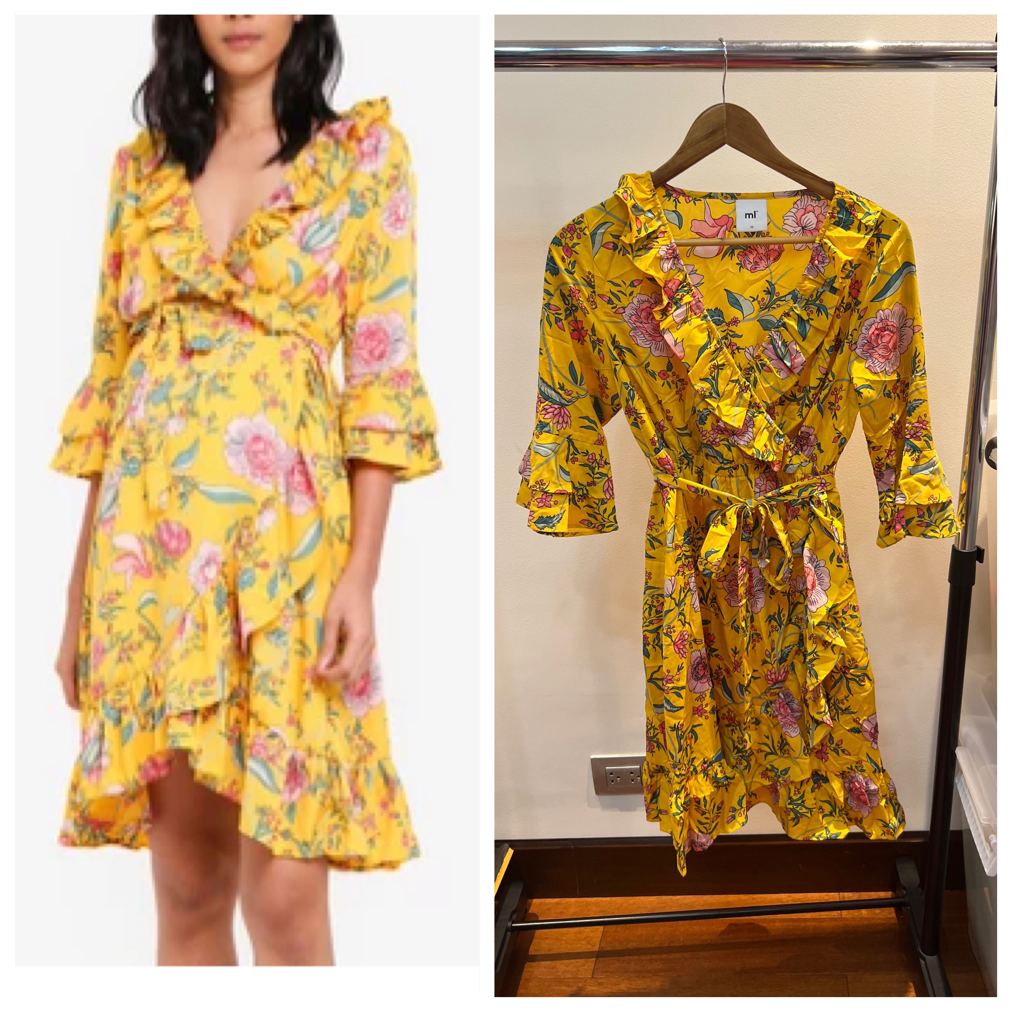 Yellow Wrap Around Floral Dress with Belt (M), Women's Fashion, Dresses ...