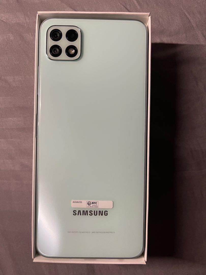 A22 5G (Category: Samsung) located in Makati City. Submitted by merylvillarama (Listing ID 1178406189, Image 2). Description: Bought in SM 13,990 128gb 6gb ram Open line Dual sim Used for 5 months Just extra phone so not heavily used Complete with unused earphones .