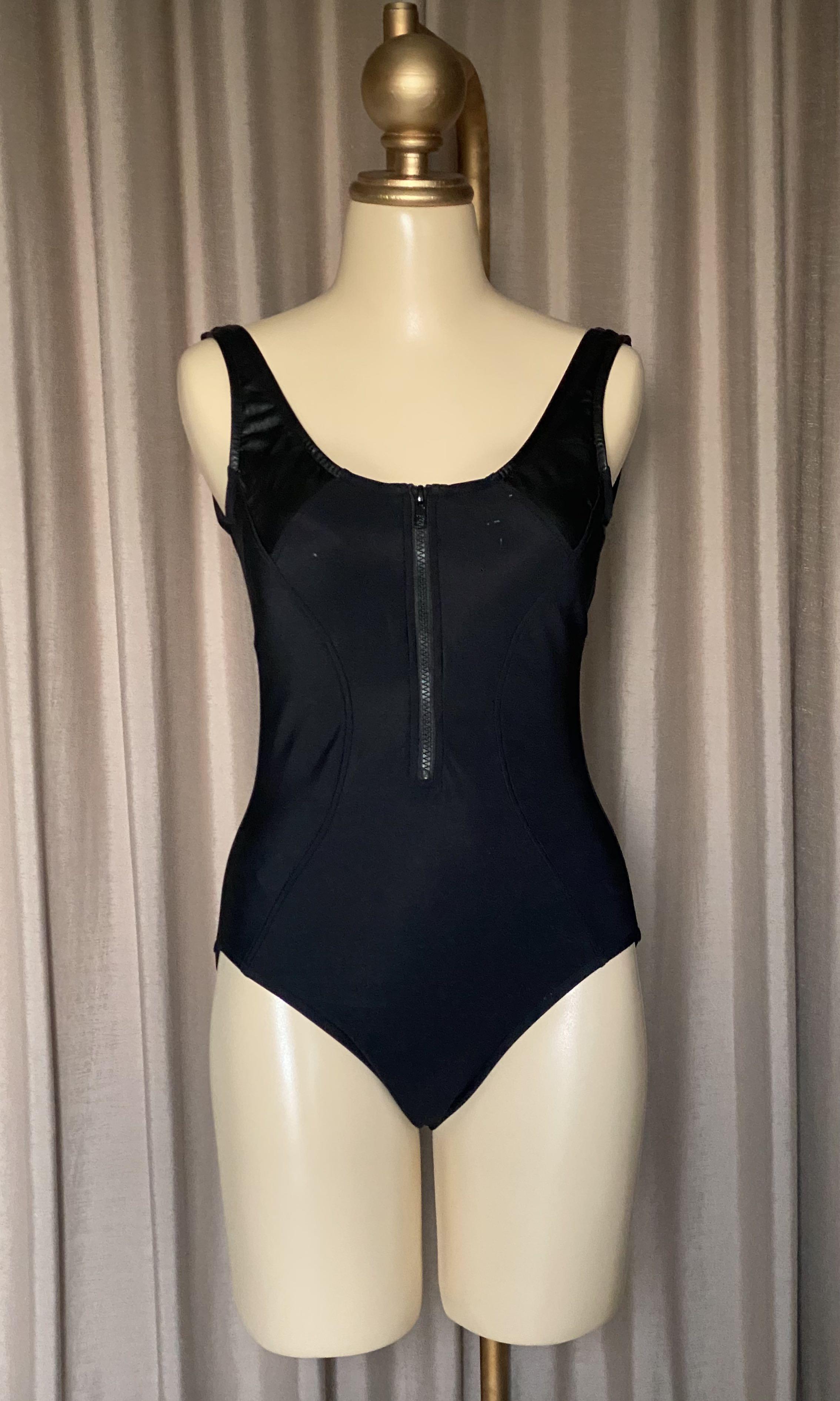 Zip Front Faux Leather One Piece Swimsuit - Black